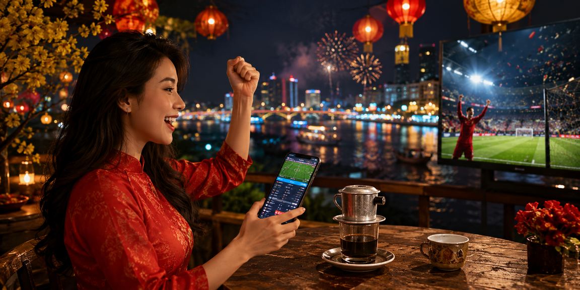 Người dùng ngồi thưởng thức cà phê bên dòng sông Mê Kông và xem cược thể thao trên điện thoại