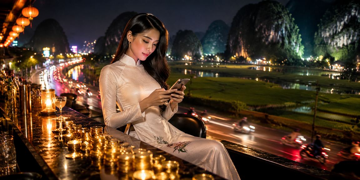 Phụ nữ mặc áo dài truyền thống chơi casino trên điện thoại di động giữa cảnh Ninh Bình